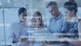 Business team collaborating over laptop with data processing animation overlay. Collaboration, teamwork, technology, analytics, innovation, strategy - Powered by Shutterstock - Get 15% off with code: PIKWIZARD15