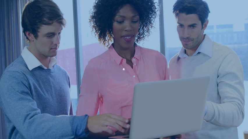 Collaborating with laptop, diverse group in school with animation network overlay. Teamwork, technology, education, diversity, connectivity, digital