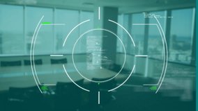 Digital interface with data processing animation over modern office interior. Technology, innovation, futuristic, modernity - Powered by Shutterstock - Get 15% off with code: PIKWIZARD15