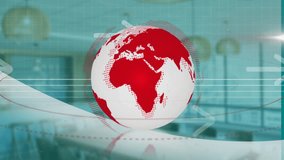 Animation of white globe with red continents and arrows in modern office. Global, business, corporate, digital, technology, innovation - Powered by Shutterstock - Get 15% off with code: PIKWIZARD15