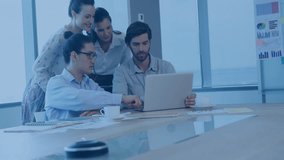 Business team collaborating over laptop with data visualization animation overlay. Collaboration, teamwork, technology, innovation, analytics, strategy - Powered by Shutterstock - Get 15% off with code: PIKWIZARD15