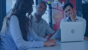 Discussing project, business team with digital clock animation overlay in office. Teamwork, collaboration, deadline, time management, strategy, innovation - Powered by Shutterstock - Get 15% off with code: PIKWIZARD15