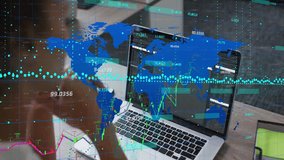 World map and financial data animation over person using laptop in office. Business, finance, technology, analysis, digital - Powered by Shutterstock - Get 15% off with code: PIKWIZARD15