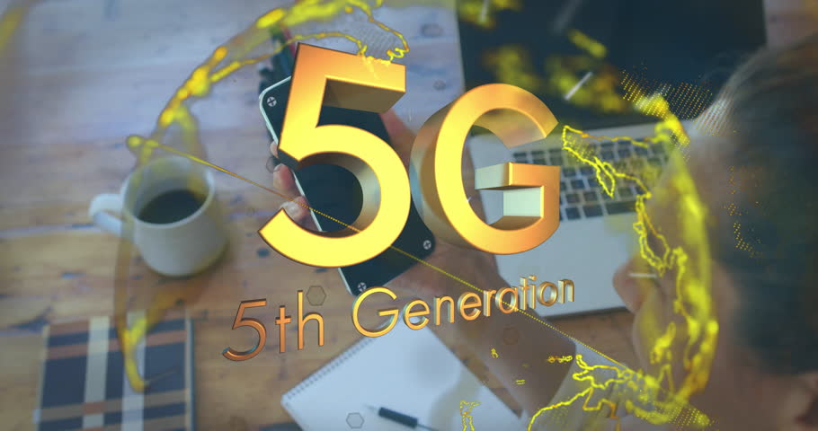 5G technology text animation over person working at desk with coffee. innovation, connectivity, communication, wireless, digital, telecommunication