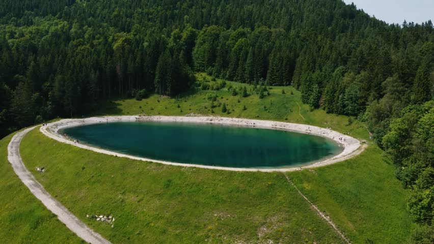 Peaceful Aerial View of Hidden Forest Lake in the Mountains
