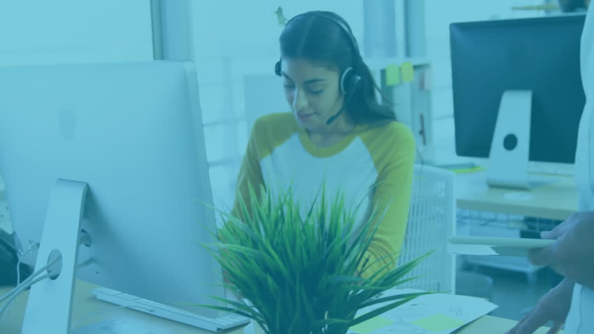 Business professionals working with data processing animation overlay in office. teamwork, technology, collaboration, innovation, analysis - Powered by Shutterstock - Get 15% off with code: PIKWIZARD15