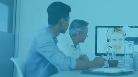 Business meeting with video call and digital data animation overlay. Technology, virtual meeting, video conference, teamwork, collaboration, innovation - Powered by Shutterstock - Get 15% off with code: PIKWIZARD15