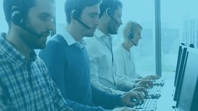 Animation of world map overlaying diverse people working on computers in office. Globalization, diversity, teamwork, technology, collaboration, multicultural - Powered by Shutterstock - Get 15% off with code: PIKWIZARD15