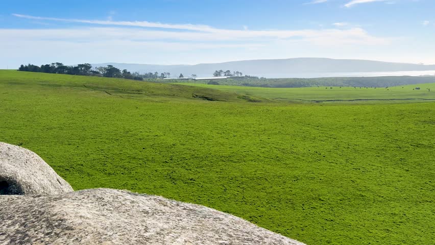 Expansive green pastures stretch out to distant cliffs under a clear sky, with a large granite rock in the foreground offering a peaceful, natural landscape view.