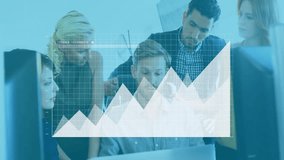 Business team analyzing data with graph animation overlay on computer screen. teamwork, data analysis, technology, collaboration, finance, strategy - Powered by Shutterstock - Get 15% off with code: PIKWIZARD15