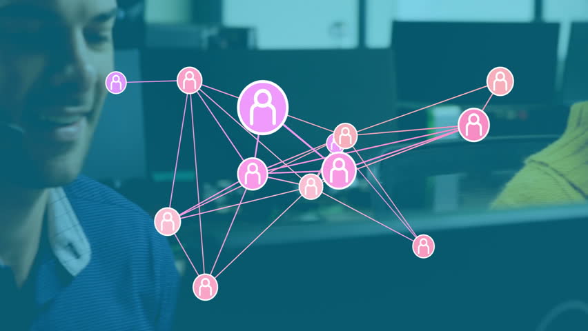 In office, customer service representative with network connections animation on screen. Technology, business, communication, support, networking, digital - Powered by Shutterstock - Get 15% off with code: PIKWIZARD15