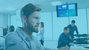 Social media icons overlay, business professionals working at computers in office. Technology, teamwork, collaboration, networking, digital, entrepreneurship - Powered by Shutterstock - Get 15% off with code: PIKWIZARD15