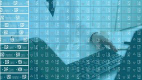 Exchange rates animation overlaying business meeting in office with professionals. Finance, teamwork, collaboration, economy, corporate, analysis - Powered by Shutterstock - Get 15% off with code: PIKWIZARD15