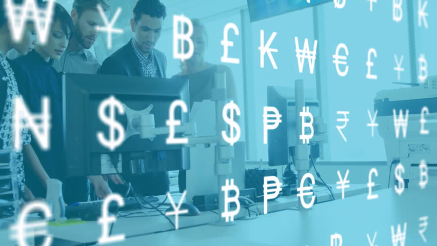 Analyzing data on computers, diverse team with animation of currency symbols. Collaboration, technology, teamwork, finance, digital, analytics - Powered by Shutterstock - Get 15% off with code: PIKWIZARD15