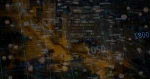 Animation of cityscape with financial data overlaying buildings in night view. Urban, city lights, finance, economy, skyscrapers, technology - Powered by Shutterstock - Get 15% off with code: PIKWIZARD15
