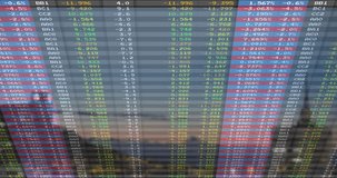 Overlaying financial data with colorful numbers on cityscape animation at sunset. Finance, investment, economics, analytics, data visualization, technology - Powered by Shutterstock - Get 15% off with code: PIKWIZARD15