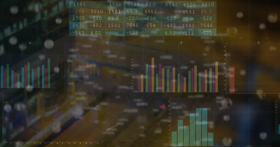 Dynamic animation of financial data charts overlaying stock market numbers in motion. Finance, analytics, investment, trading, digital, economy
