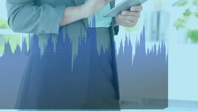 Using tablet with financial graph overlay, businesswoman analyzing data in office. analytics, finance, technology, corporate, professional, economy - Powered by Shutterstock - Get 15% off with code: PIKWIZARD15