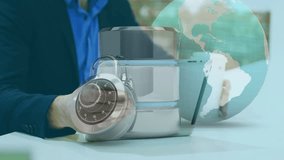 Businessman working on laptop with globe and padlock animation overlay. Technology, cybersecurity, data protection, global, internet, digital - Powered by Shutterstock - Get 15% off with code: PIKWIZARD15