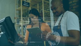 Business data analytics animation over diverse workers using tablet in store. Teamwork, retail, technology, analysis, collaboration, diversity - Powered by Shutterstock - Get 15% off with code: PIKWIZARD15