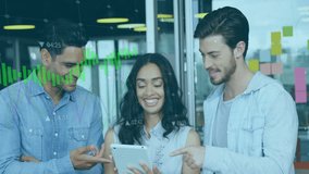 Diverse team discussing data on tablet with financial graph animation overlay. Business, finance, teamwork, analysis, collaboration, technology - Powered by Shutterstock - Get 15% off with code: PIKWIZARD15