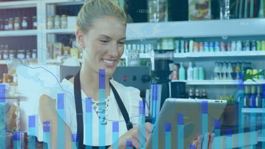 Using tablet, woman in grocery store with animation of data analytics overlay. Shopping, technology, supermarket, digital, innovation, retail - Powered by Shutterstock - Get 15% off with code: PIKWIZARD15