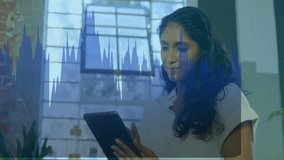 Using tablet with financial data animation, smiling woman analyzing in office. Finance, analysis, technology, businesswoman, workplace, analytics - Powered by Shutterstock - Get 15% off with code: PIKWIZARD15