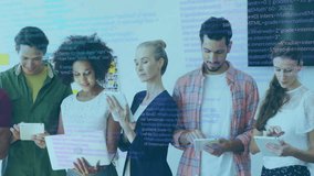 Using digital devices, diverse group in school with programming code animation. Technology, coding, education, diversity, teamwork, students - Powered by Shutterstock - Get 15% off with code: PIKWIZARD15