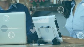 Using tablet, businesswoman analyzing data with animation overlay in office. Technology, innovation, digital, analytics, corporate, modern - Powered by Shutterstock - Get 15% off with code: PIKWIZARD15