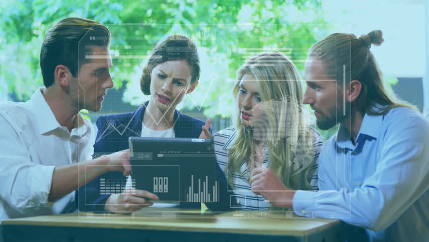 Discussing business data with digital analytics overlay, team using tablet in office. teamwork, technology, meeting, collaboration, data analysis - Powered by Shutterstock - Get 15% off with code: PIKWIZARD15