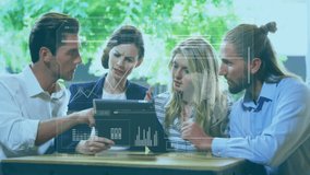 Discussing business data with digital analytics overlay, team using tablet in office. teamwork, technology, meeting, collaboration, data analysis - Powered by Shutterstock - Get 15% off with code: PIKWIZARD15