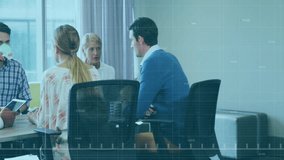 In meeting, participants discussing financial data with declining graph animation overlay. Business, finance, analysis, teamwork, presentation, data analysis - Powered by Shutterstock - Get 15% off with code: PIKWIZARD15