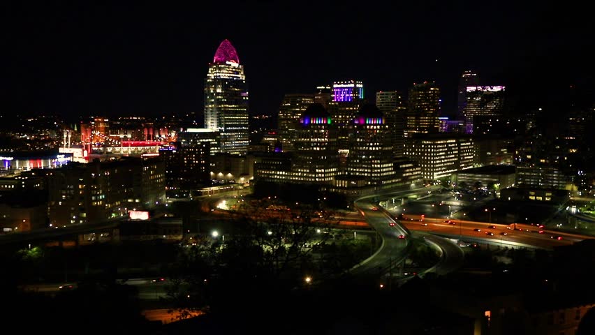 Cincinnati Night Skyline from High Vantage Point of Highways and Traffic