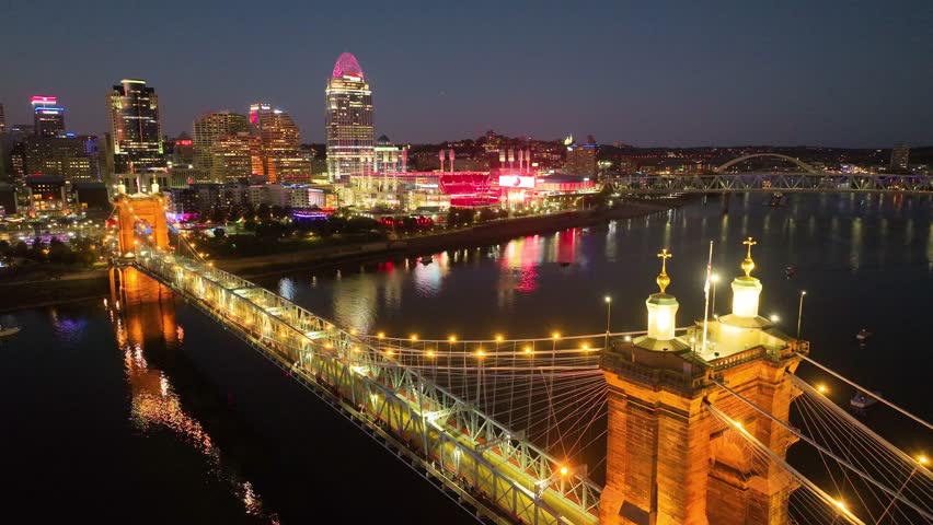 Aerial of Cincinnati Skyline Riverfront and Roebling Bridge Tracking Shot