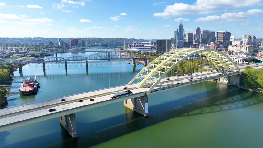 Aerial of Cincinnati Skyline and Ohio River Bridges