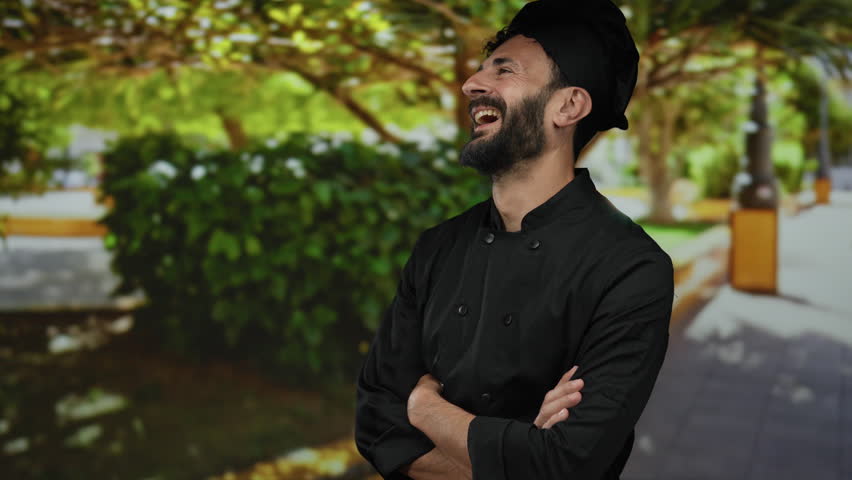 Chef laughing outdoors in a green park with trees, wearing a black uniform and hat, beaming with joy under the bright sunlight.
