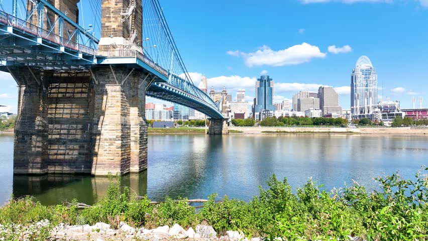 Aerial of Cincinnati Roebling Bridge and Skyline Pedestal Shot