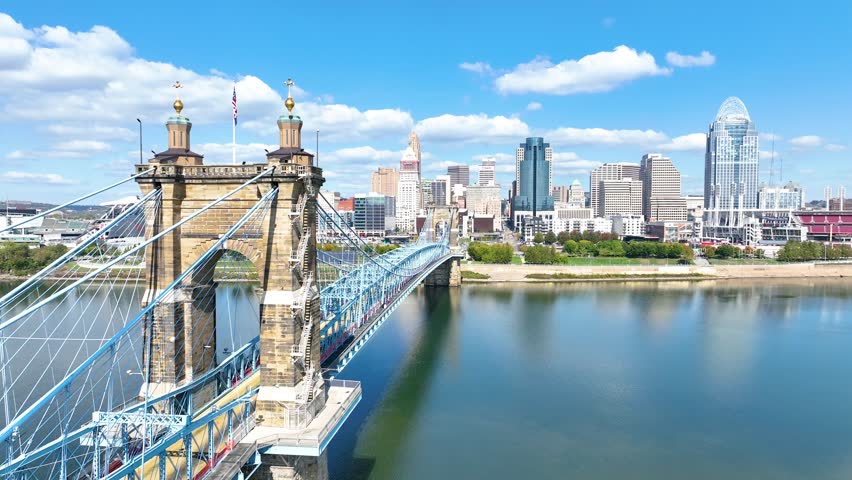Aerial Cincinnati Ohio Skyline and Bridge Fly Through