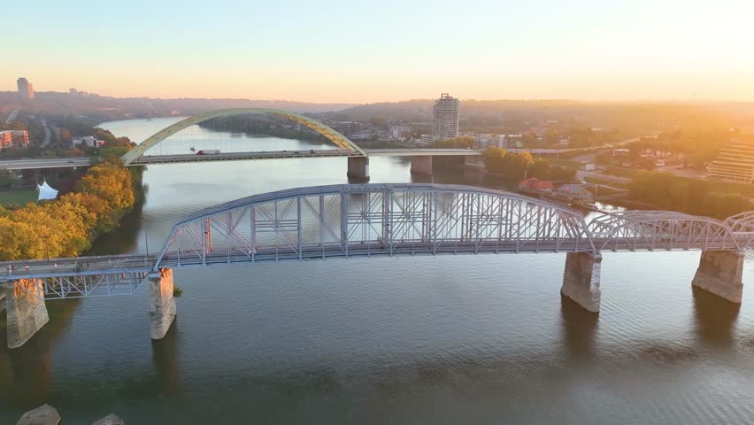 Aerial Cincinnati Skyline Ohio River Bridges Fly Over at Golden Hour
