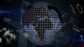 Digital globe with grid lines overlaying financial data and charts in animation. Finance, technology, analytics, globalization, innovation, economy - Powered by Shutterstock - Get 15% off with code: PIKWIZARD15