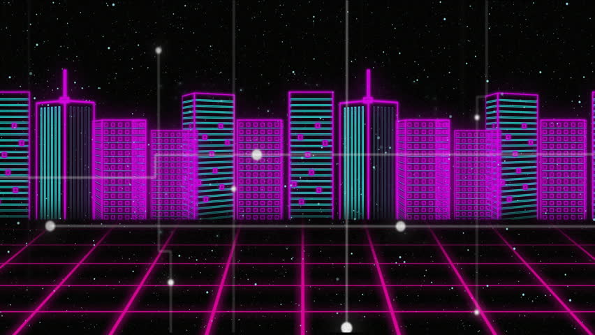 Neon cityscape with grid foreground and starry night sky animation. Cyberpunk, futuristic, digital, urban, skyline, technology - Powered by Shutterstock - Get 15% off with code: PIKWIZARD15