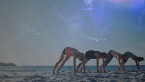 Yoga class on beach with digital network animation overlaying scene. meditation, fitness, wellness, seaside, technology, connection - Powered by Shutterstock - Get 15% off with code: PIKWIZARD15