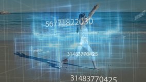 Person practicing yoga on beach with digital data overlay animation. meditation, wellness, tranquility, relaxation, fitness, technology - Powered by Shutterstock - Get 15% off with code: PIKWIZARD15