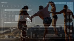 Women dancing on beach with digital data processing animation overlay. Dance, technology, motion, summer, carefree, virtual - Powered by Shutterstock - Get 15% off with code: PIKWIZARD15