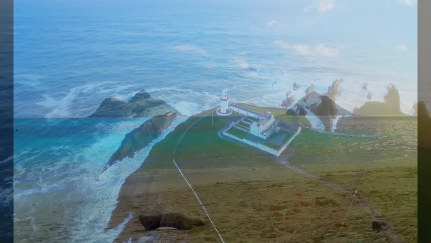 Blending animation of lighthouse and coastal landscape with ocean waves in artwork. Seascape, maritime, illustration, digital - Powered by Shutterstock - Get 15% off with code: PIKWIZARD15