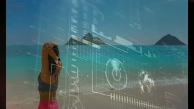 Woman on beach with digital interface animation overlaying ocean background. Technology, innovation, future, virtual, nature, interaction - Powered by Shutterstock - Get 15% off with code: PIKWIZARD15