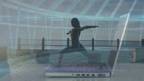 Practicing yoga by waterfront, person using digital interface with animation. meditation, fitness, relaxation, technology, virtual, interactive - Powered by Shutterstock - Get 15% off with code: PIKWIZARD15