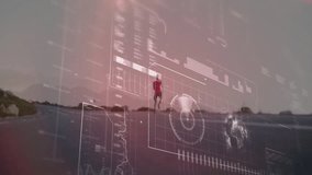 Man running on road with digital data processing animation overlay. Fitness, technology, motion, athletics, exercise, innovation - Powered by Shutterstock - Get 15% off with code: PIKWIZARD15