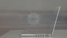 Laptop displaying network of connections and data processing animation over ocean. Technology, digital, connectivity, futuristic, interface, visualization - Powered by Shutterstock - Get 15% off with code: PIKWIZARD15