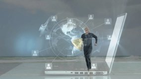 Man running on beach with digital network connections over laptop animation. Technology, networking, innovation, exercise, fitness, seaside - Powered by Shutterstock - Get 15% off with code: PIKWIZARD15